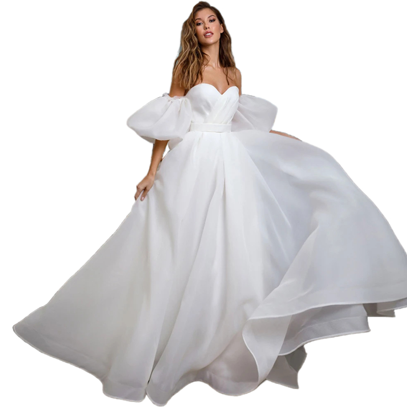 Romantic Organza Wedding Dresses Detachable Puff Sleeves Elegant Sweet A-line Bridal Dress Simple Long Princess Wedding Gowns Vestido de Noiva