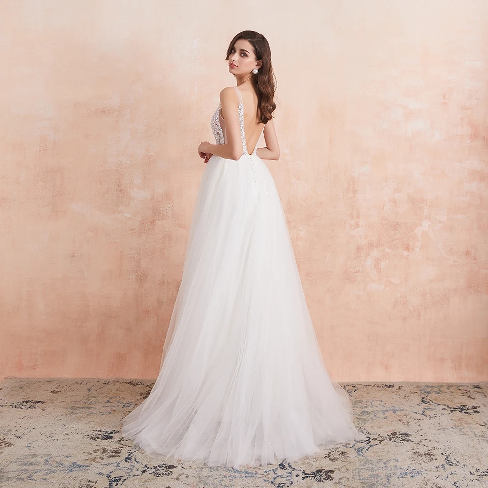 V Neck Wedding Dress White Ivory Sexy High Splits Beaded Beading Pearls Crystal A Line Backless Bridal Gown Vestido De Noiva