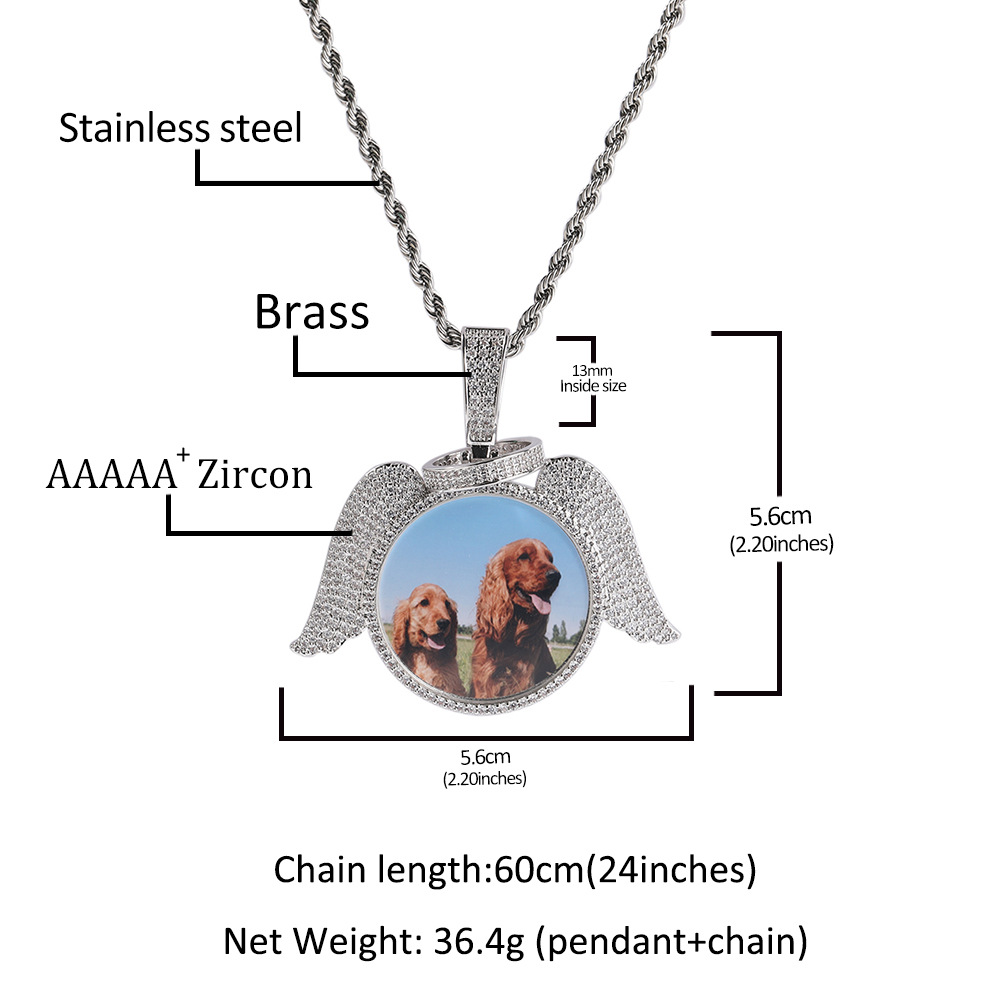 Personalized Angel Wing Pendant Jewelry for Photos - Hip Hop Design with Sparkly 5A CZ Stones