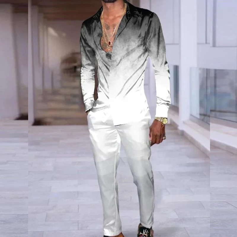 Mens Two Piece Casual Outfits Streetwear Fashion Gradient Color Loose Sets Long Sleeve Lapel Buttoned Shirts And Pants Suits Men 240518