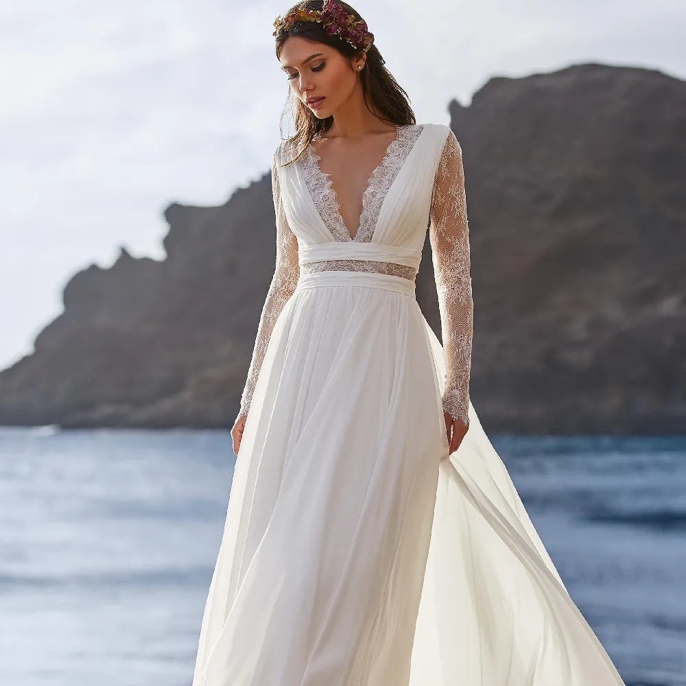 Bohemian Wedding Dress 2024 Long Sleeve V-Neck Floor Length Chiffon A-Line Lace Back Bridal Gowns With Belt Charming