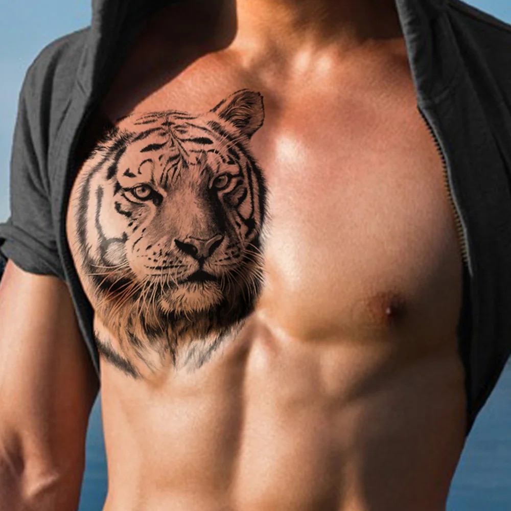 2pcs Black Realistic Sketch Tiger Waterproof Temporary Tattoo Stickers Animal Body Art Hand Arms Legs Waist Men Women Fake Tatto