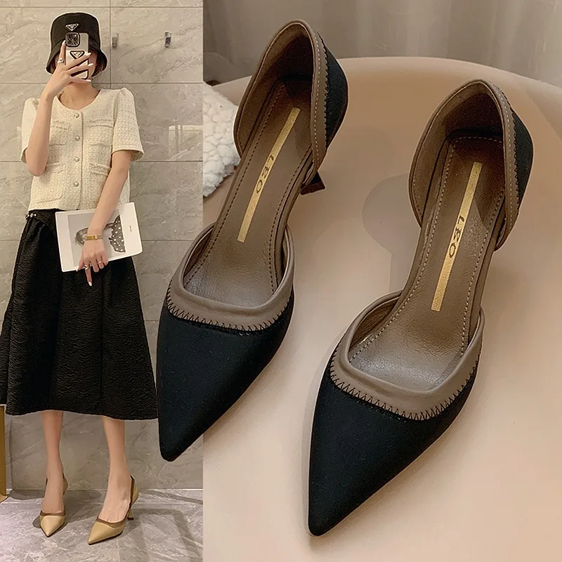 French Pointy Color New Matching High Heels for Women Slim Heel Single Niche Design Sense of Temperament Female Ladies Shoes 5dde