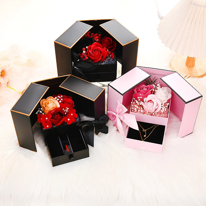 Rose Gift Box Flower Jewelry Box for Valentines Day Wedding Anniversary Gift Packaging Box Romantic Double-door Cardboard Case 240522