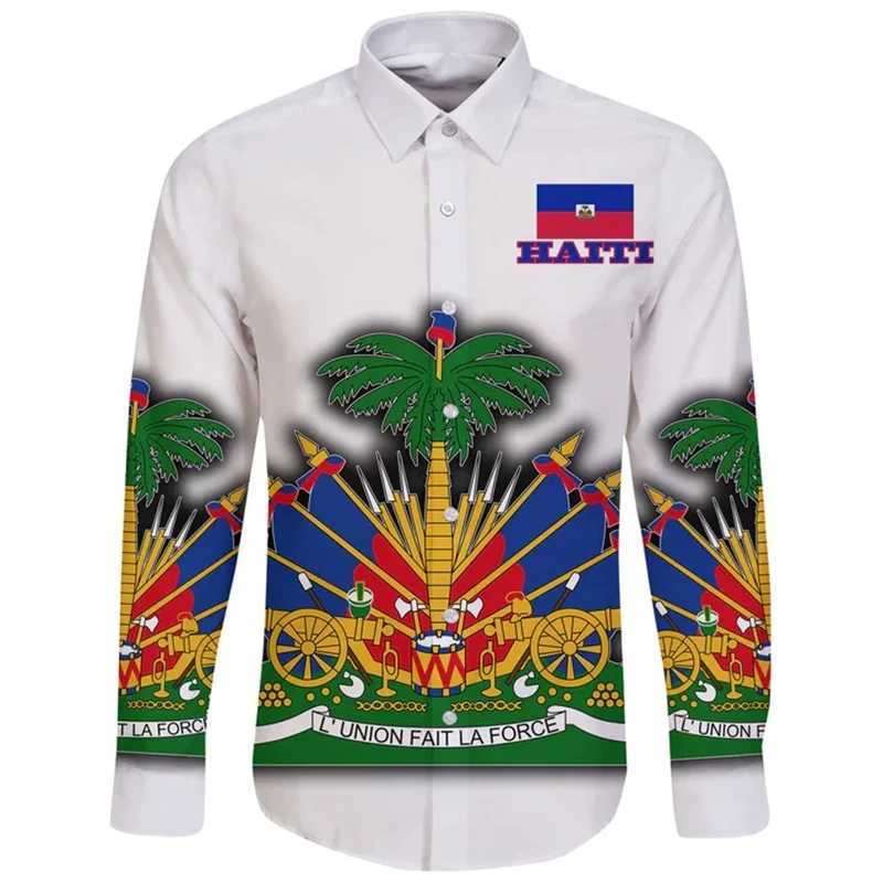 Men's Casual Shirts Mens Shirt Haiti Flag Caribbean Sea Haiti Retro Vintage Tattoo 3D Printed Strtwear Harajuku Casual Men Shirts Long Slve Top T