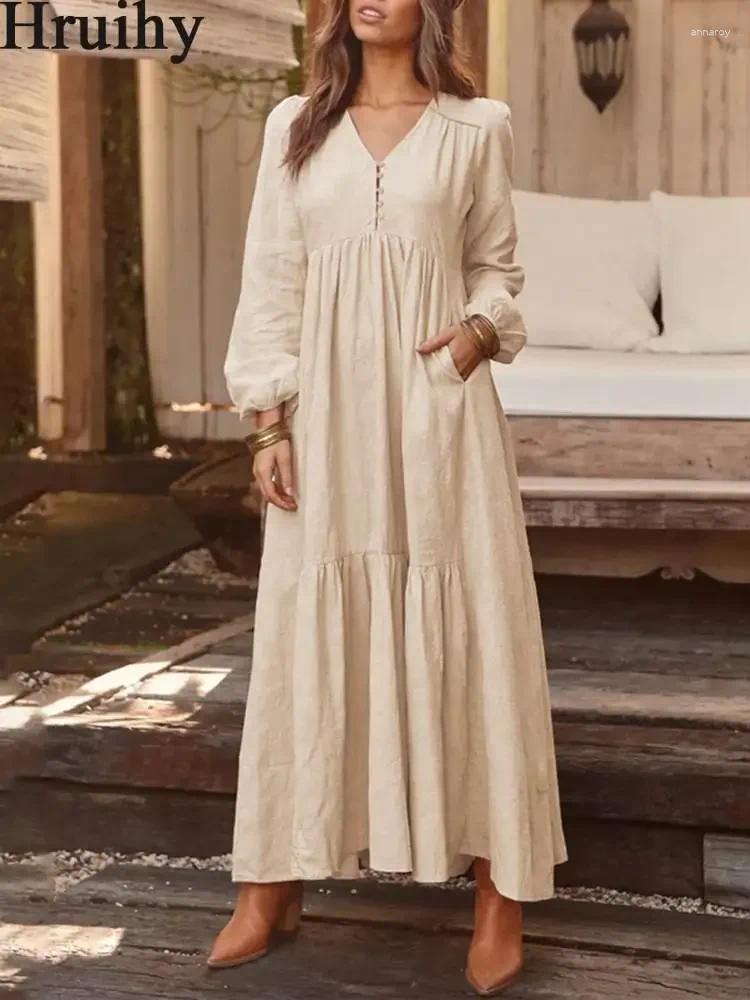 Casual Dresses Dress For Women 2024 Spring Fall V Neck A Line Long Sleeve Clothing Female Plus Size Solid Elegant Cotton Linen