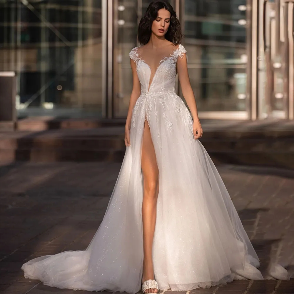 Elegant A-line Wedding Dresses Translate Jewel Collar Capped V-Neck Design Backless Applicant Front Split Layered Court Gown Custom Made Plus Size Ves
