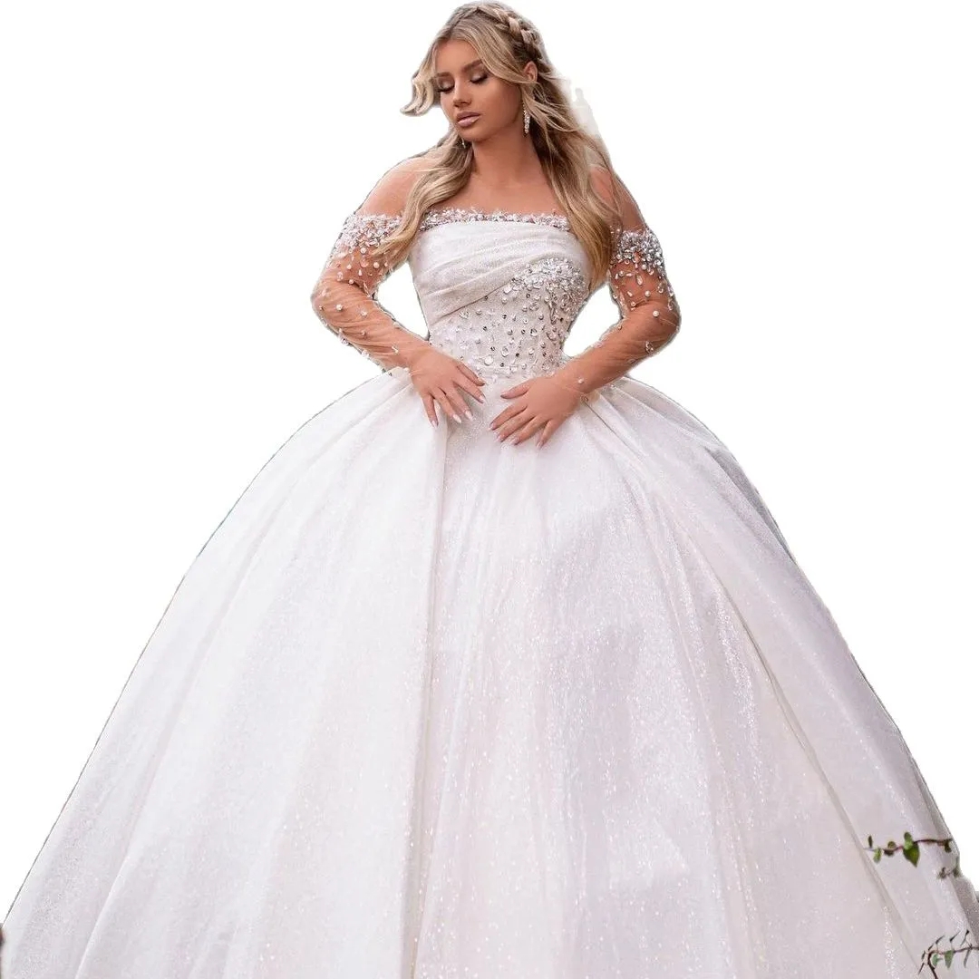 Beaded Arabic Exquisite Wedding Dresses Ball Gown Off the Shoulder Lace Bridal Dress Illusion Long Sleeve Custom Made Gowns