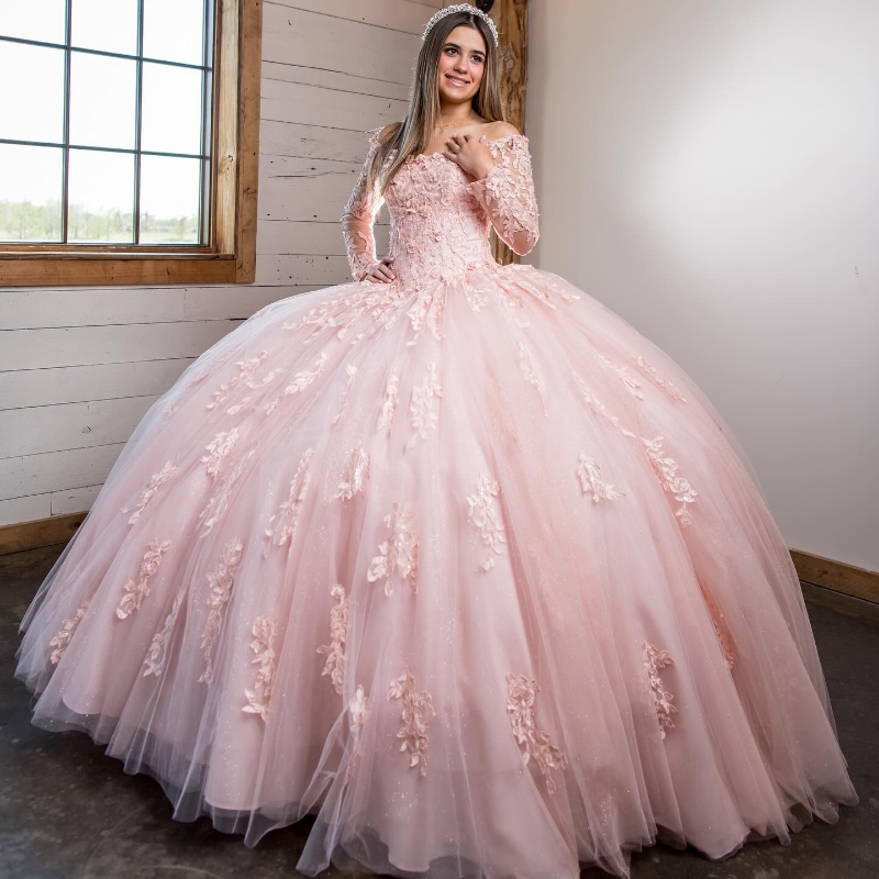 Pink Long Sleeved Quinceanera Dresses Applique Lace Beads Tulle Off The Shouder Ball Gown Birthday Party Dress Vestidos De 15