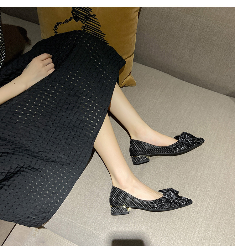 2024 New Elegant Woman Pointed Toe Casual Bowknot Thick Heels 4cm High Heel Bling Rhinestone Sequins Female Mary Jane Shoes