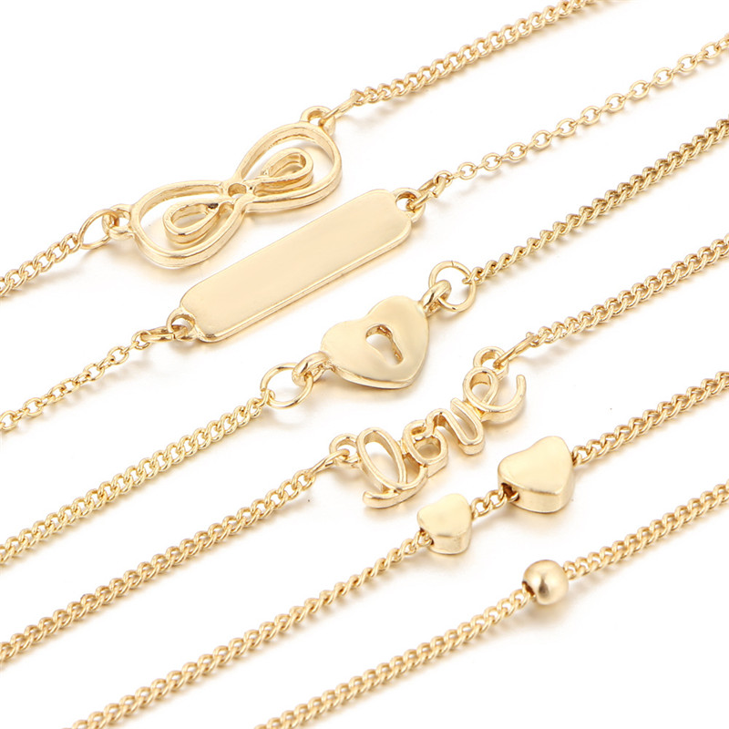 6PCS Ankle Bracelet Set Bohemian Gold Color Chains Infinity Double Heart Love Lock Bracelets For Women Anklet Foot Leg Jewelry