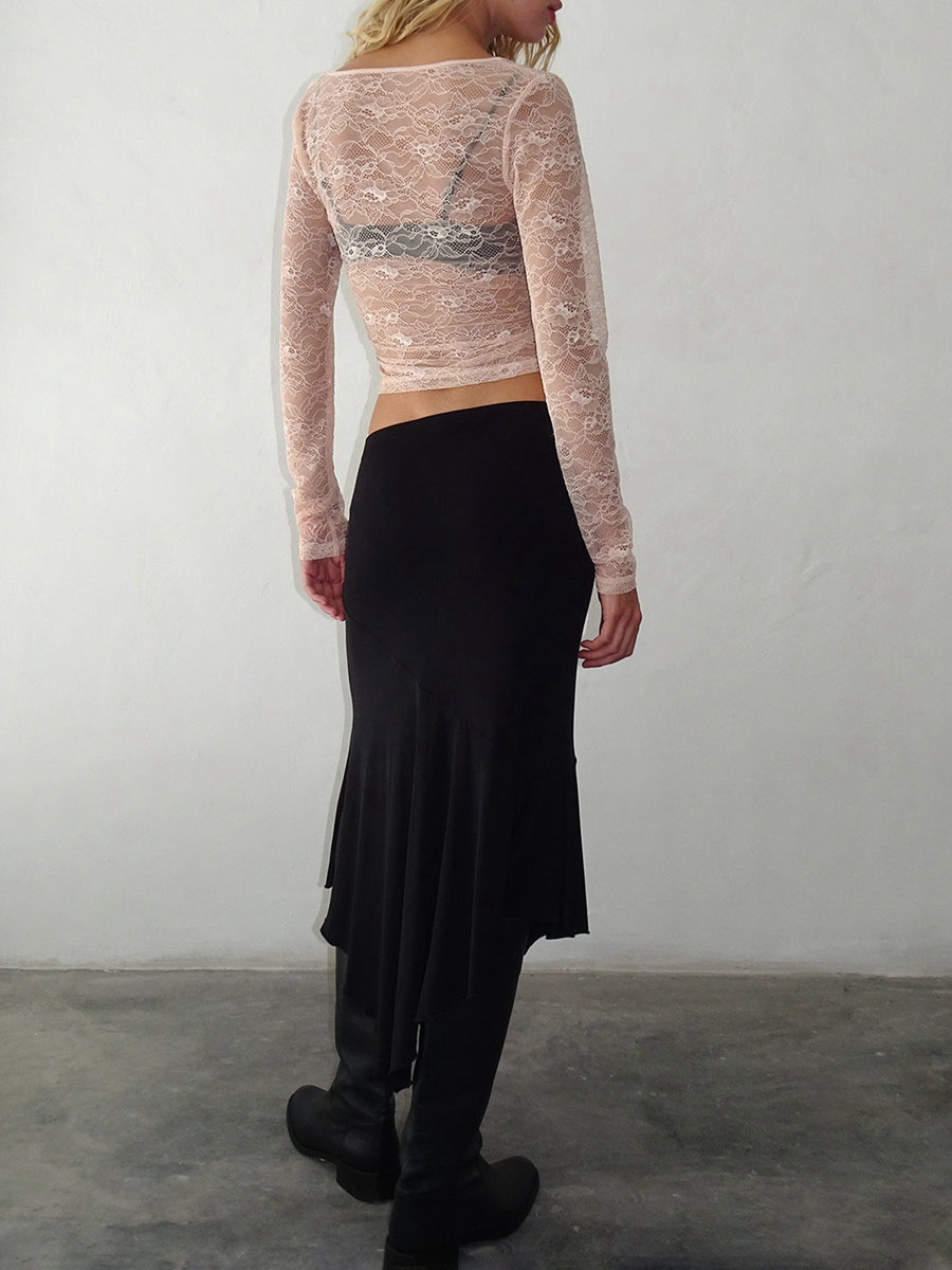 Women s Lace Tops Basic Long Sleeve Round Neck See-Though Slim Fit T-Shirts Dressy Blouses