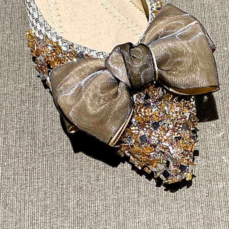 2024 New Elegant Woman Pointed Toe Casual Bowknot Thick Heels 4cm High Heel Bling Rhinestone Sequins Female Mary Jane Shoes