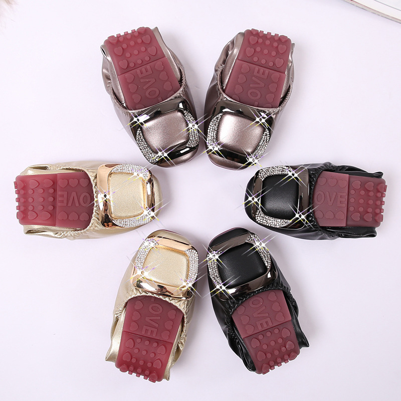 Roll-Up Flats Crystal Square Metal Buckle Foldable Ballet Flats Women Shoes Ballerina Cozy Soft Bottom Moccasins Plus Size 35-41