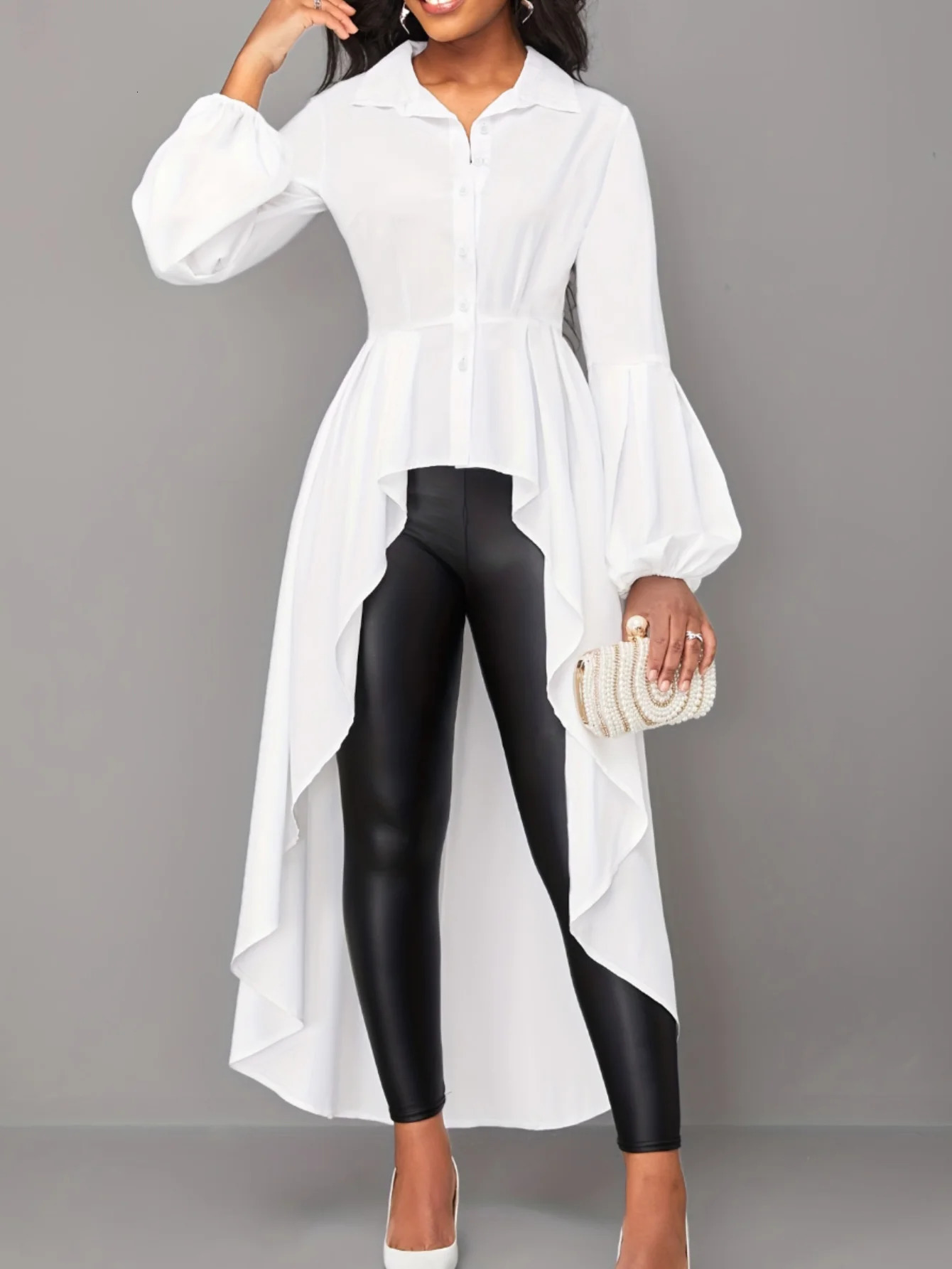 LW Plus Size Asymmetrical A Line Blouse Fashion Shirts Hem Blouses Casual Long Puff Sleeve Female Lapale Neck Button Top 240508
