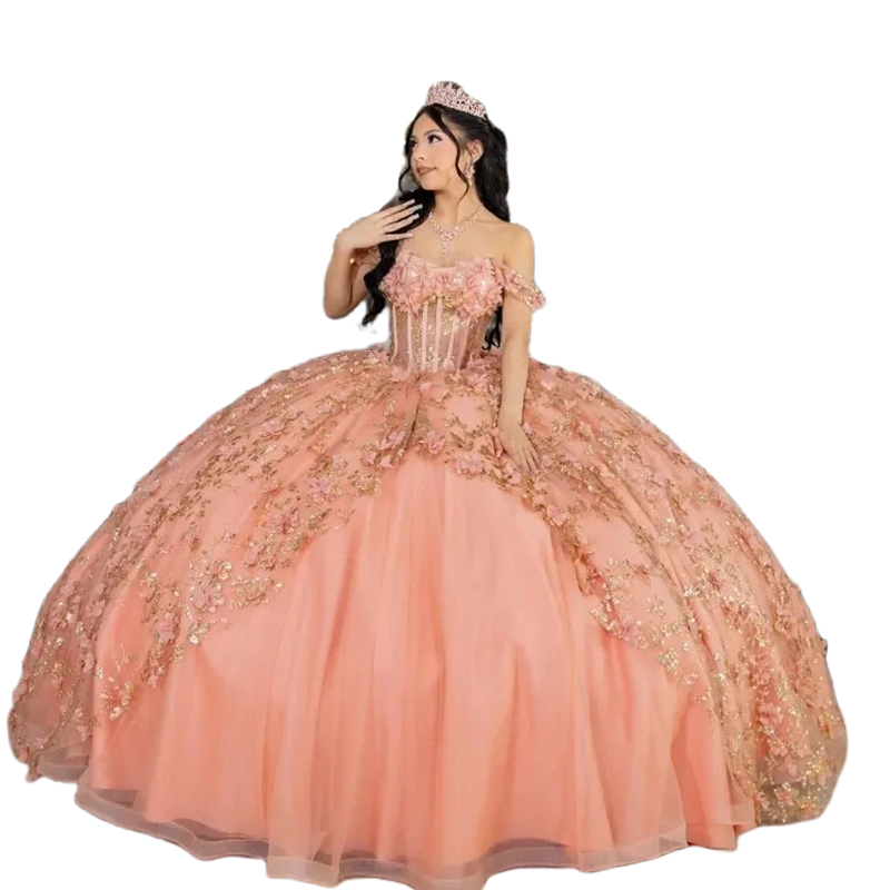 Glamours Quinceanera Dresses 3D Floral Appliques Off The Shoulder Corset Princess Prom Sweet 16 Dress Peach Flowers Long Train Debutantes Gowns