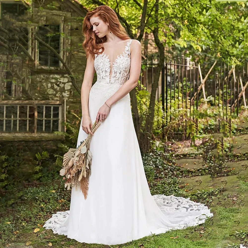Chiffon Bohemian 2024 Wedding Dresses Lace Appliques Spaghetti Sleeveless Long Beach Bridal Gowns Sexy Backless Boho Bride Dress Summer Vestido