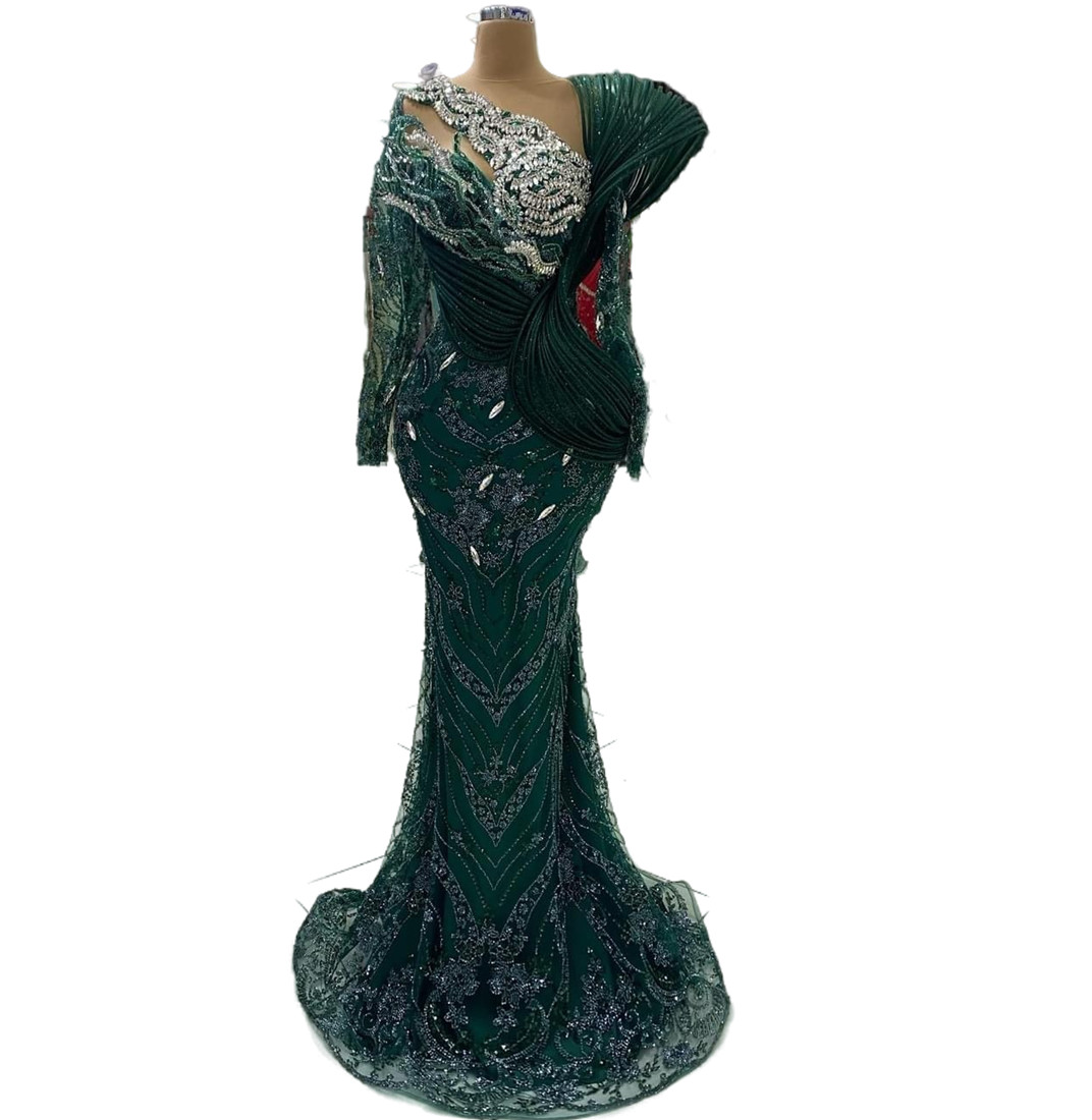 2024 Aso Ebi Dark Green Mermaid Prom Dress Crystals Beaded Lace Evening Formal Party Second Reception 50th Birthday Engagement Thanksgiving Gowns Dres