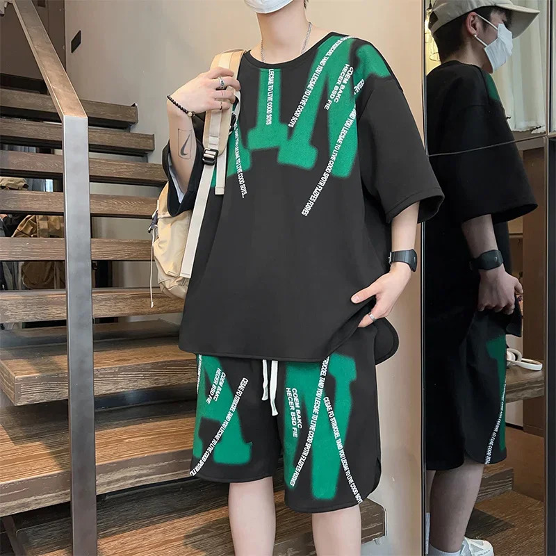 Casual Summer Mens Two Piece Sets Korean Fashion Short Sleeve TShirt Shorts Tracksuits Sport Streetwear Outfit 240518