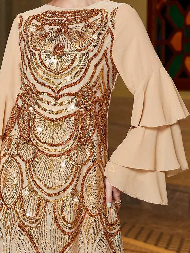 Basic Casual Dresses Round neck gold sparkling sleeve dress high-end elegance sequin embroidery long skirt Middle Eastern Muslim womens clothing J2405
