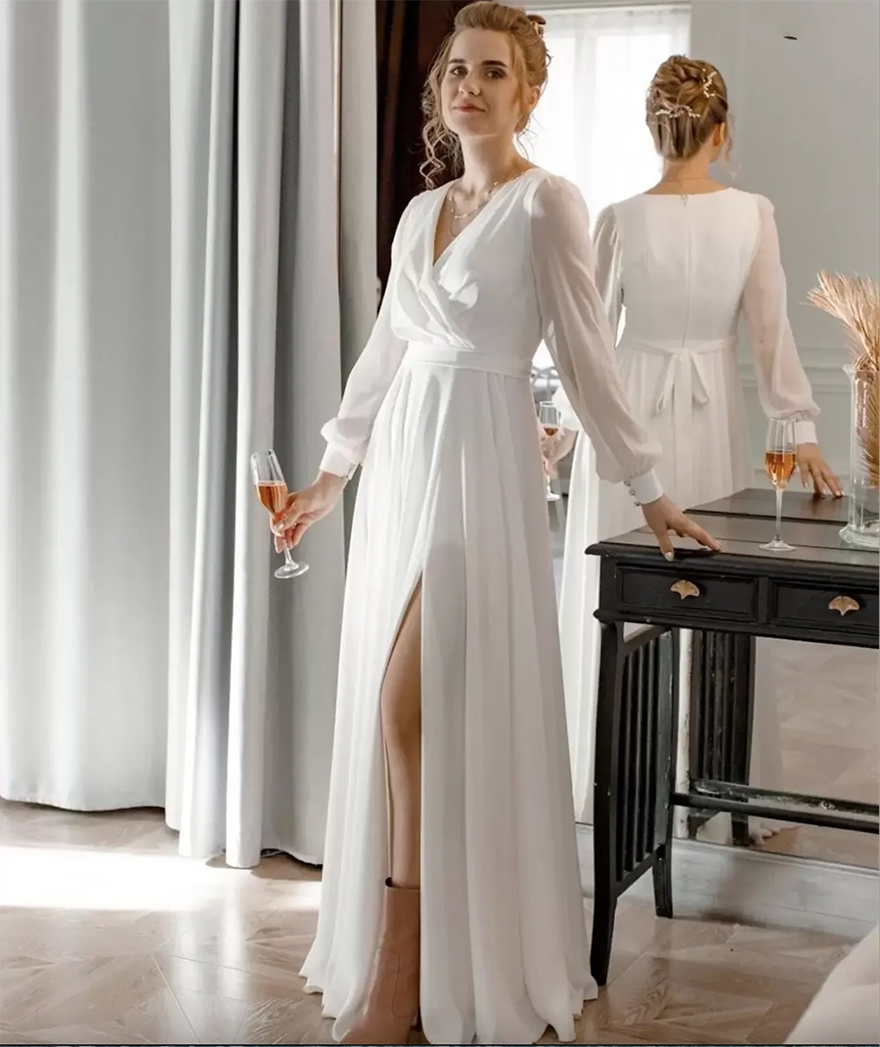Simple A Line Chiffon Wedding Dress White Ivory Bridal Gowns V Neck Long Sleeves Floor Length With Sash Lady Summer Beach Marriage Dresses