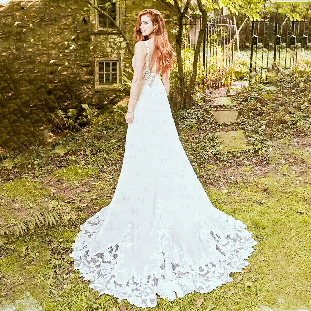 Chiffon Bohemian 2024 Wedding Dresses Lace Appliques Spaghetti Sleeveless Long Beach Bridal Gowns Sexy Backless Boho Bride Dress Summer Vestido