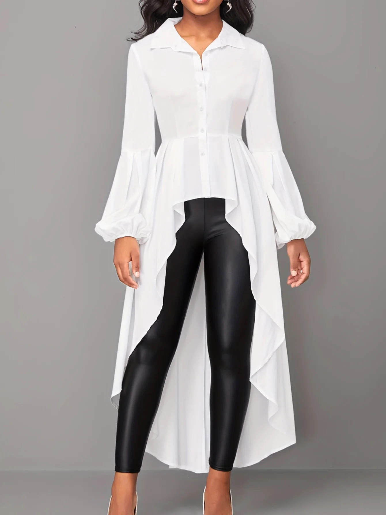 LW Plus Size Asymmetrical A Line Blouse Fashion Shirts Hem Blouses Casual Long Puff Sleeve Female Lapale Neck Button Top 240508