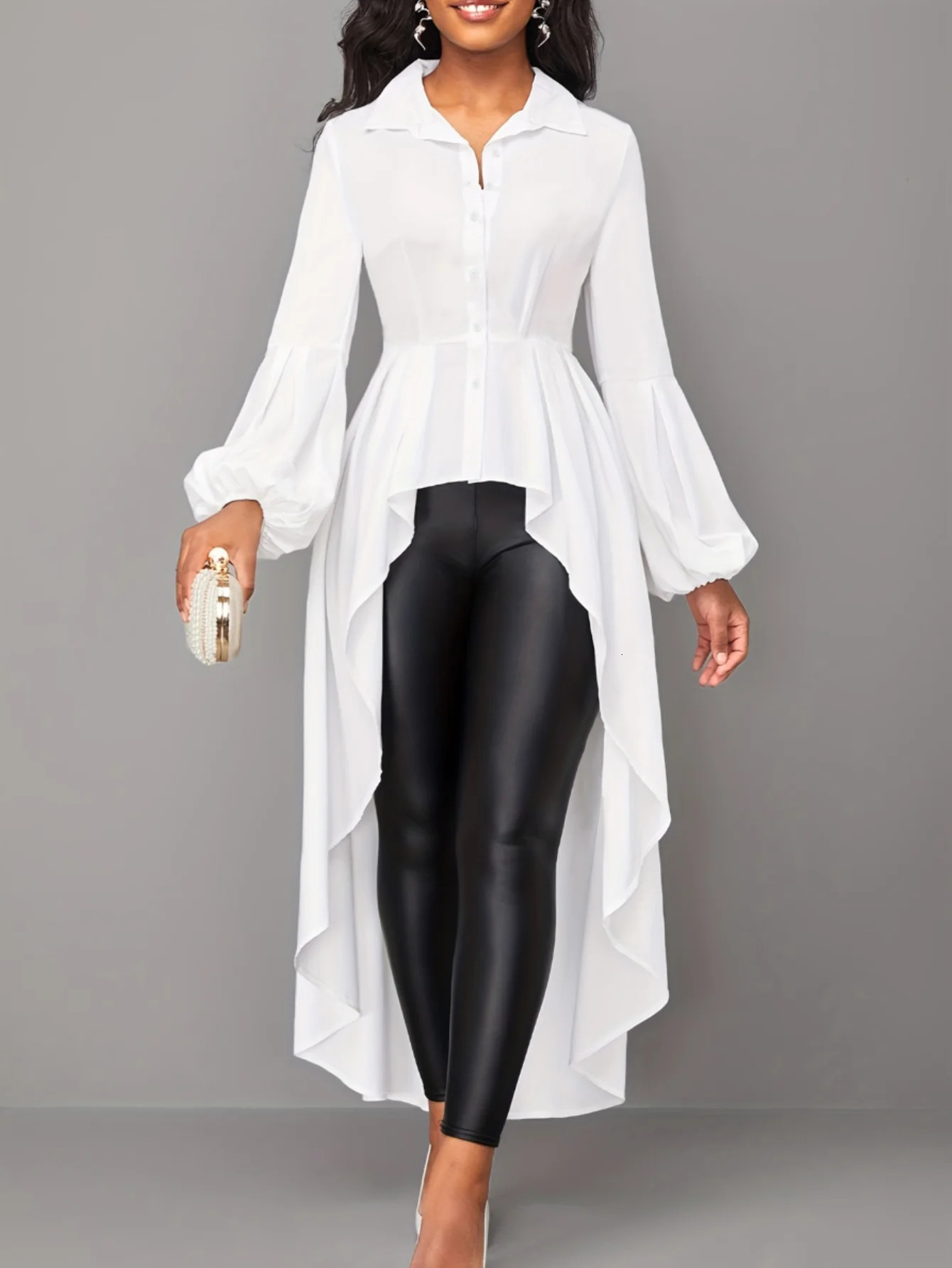 LW Plus Size Asymmetrical A Line Blouse Fashion Shirts Hem Blouses Casual Long Puff Sleeve Female Lapale Neck Button Top 240508