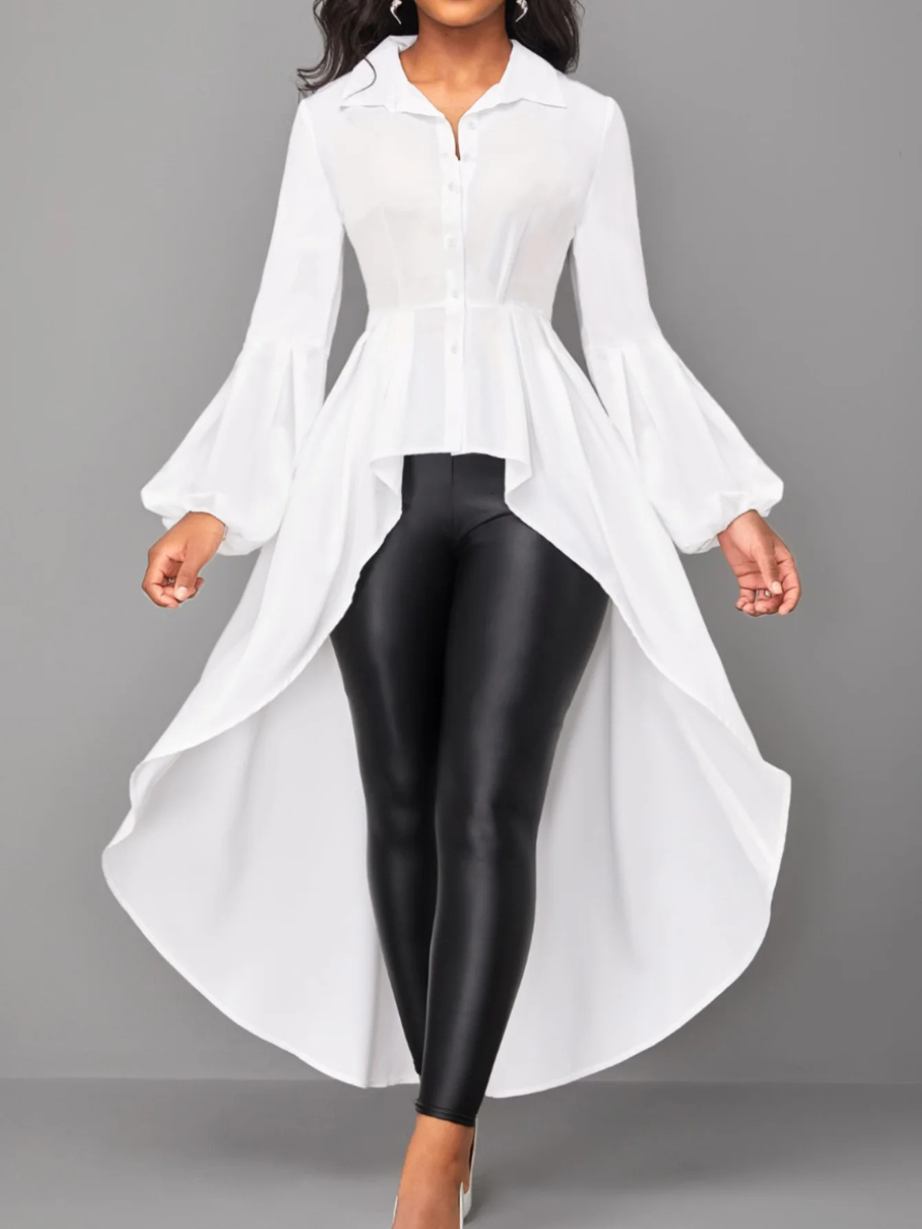 LW Plus Size Asymmetrical A Line Blouse Fashion Shirts Hem Blouses Casual Long Puff Sleeve Female Lapale Neck Button Top 240508