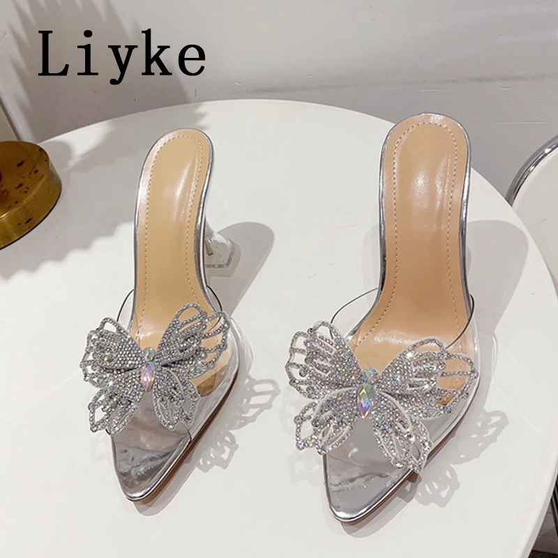 Liyke PVC womens slippers fashionable rhie bow summer sandals dot toe transparent high New heels party ball shoes 240517