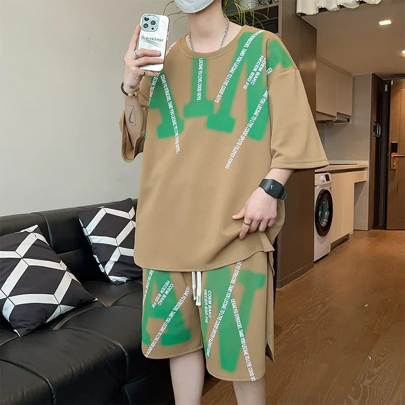 Casual Summer Mens Two Piece Sets Korean Fashion Short Sleeve TShirt Shorts Tracksuits Sport Streetwear Outfit 240518