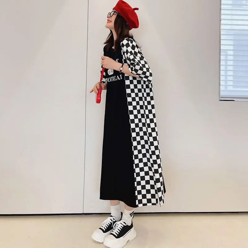 Fashion Plaid Printing Midi Dress Summer Loose Short Sleeve Pullovers Vintage Womens Clothing Casual Straight Dresses 240518