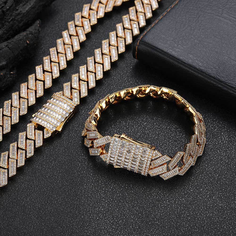 18mm Hip Hop T Zircon Rhombus Cuban Chain Necklace Bracelets Platinum Plating Jewelry Set