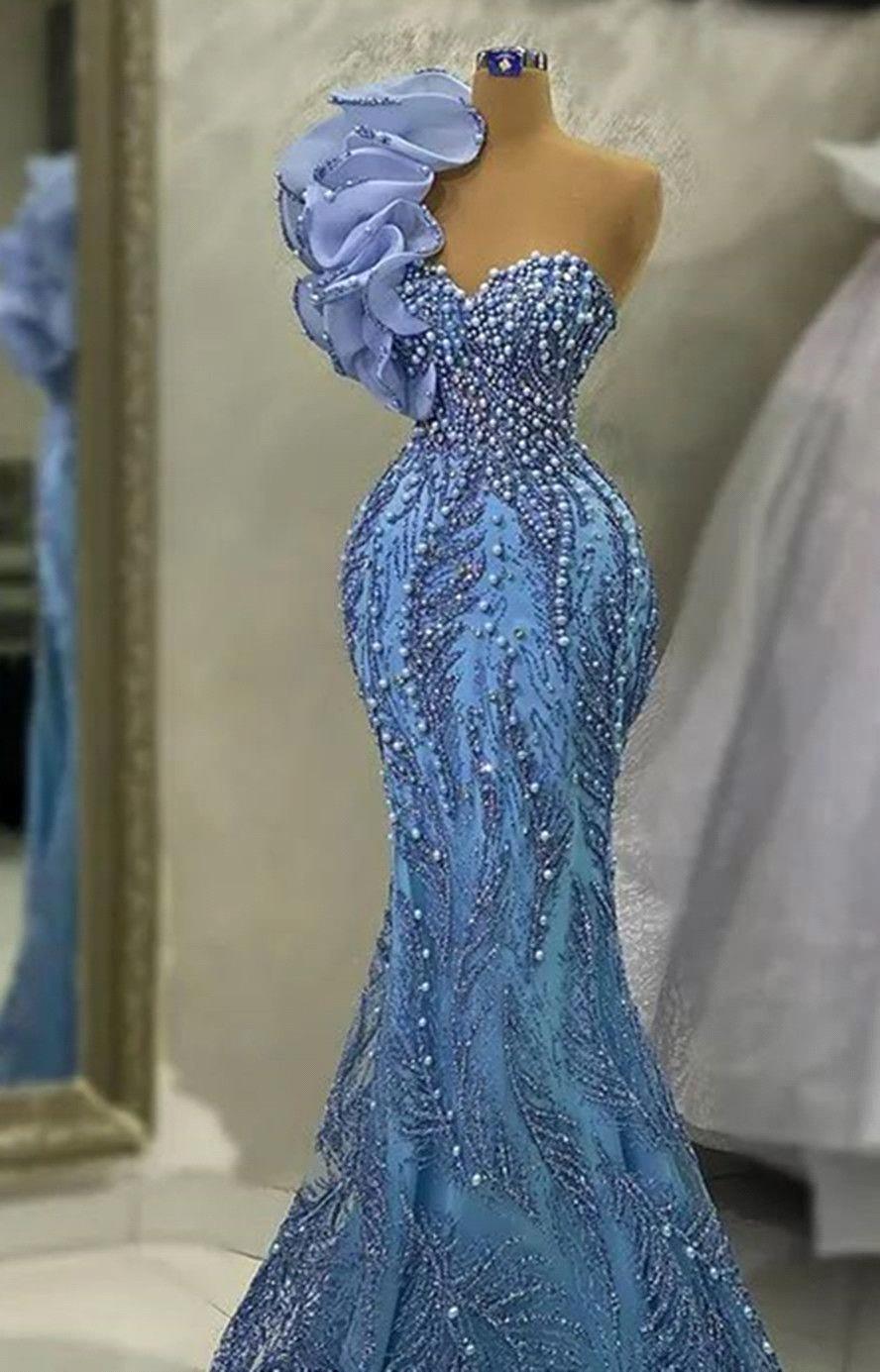 Ebi Aso One Shoulder Prom Pearls Mermaid Sequined Lace Evening Formal Party Second Reception Birthday Engagement Gowns Dress Robe De Soiree BC