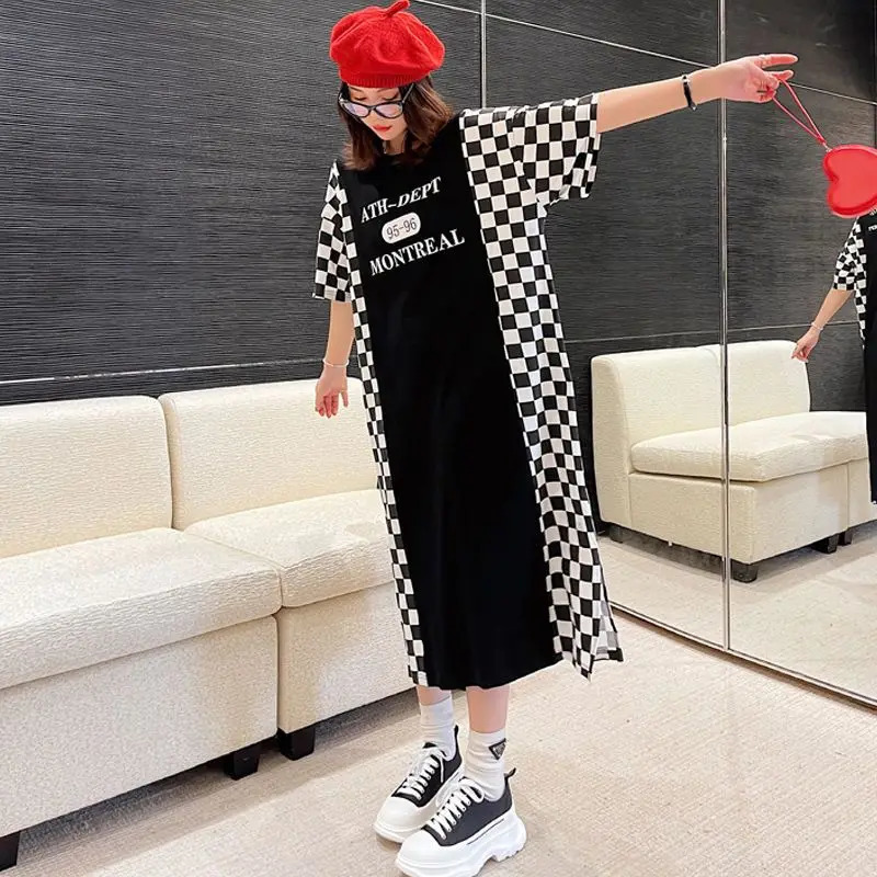 Fashion Plaid Printing Midi Dress Summer Loose Short Sleeve Pullovers Vintage Womens Clothing Casual Straight Dresses 240518