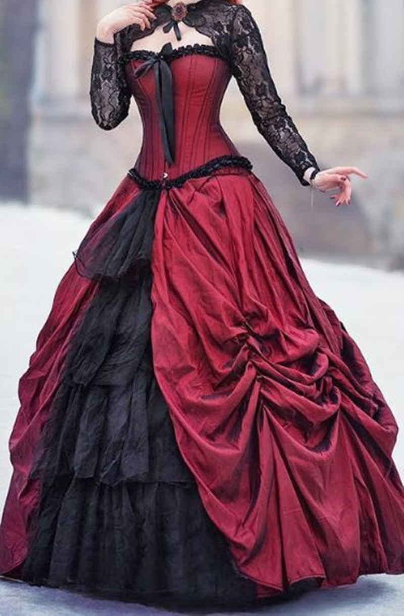 Burgundy And Black Gothic Wedding Dresses Ruched Floor Length A Line Long Vintage Victorian Bridal Gowns With Detachable Long Sleeves Wrap Corset Vest