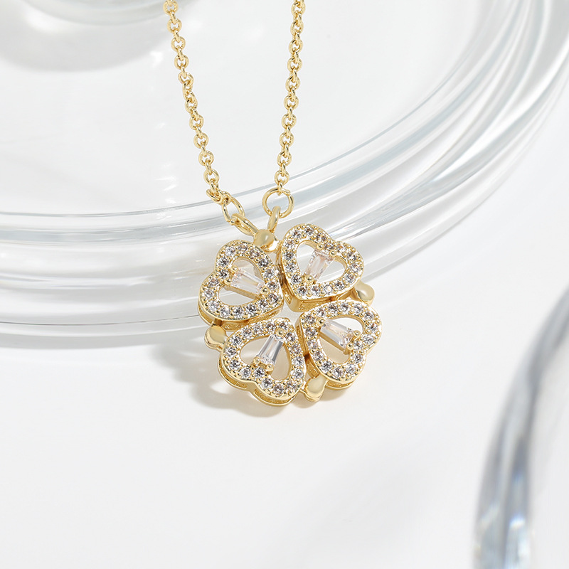 Luxury Clover Pendent Necklace 18K Real Gold Plated Opeanable Four Heart Pendent Austrian Crystal Necklace for Women Creative Design 2 Wearing Ways We