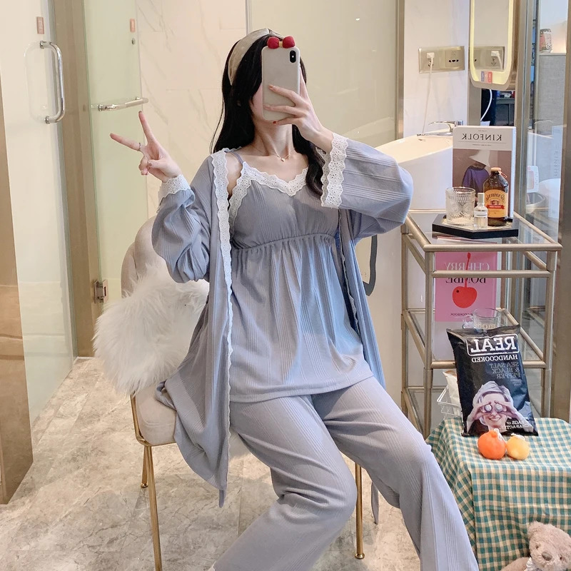 3pcs Lace Cotton Maternity Nursing Sleepwear Sets Breast Feeding Pajamas for Pregnant Women Pregnancy Lacation Home Hospital 240523