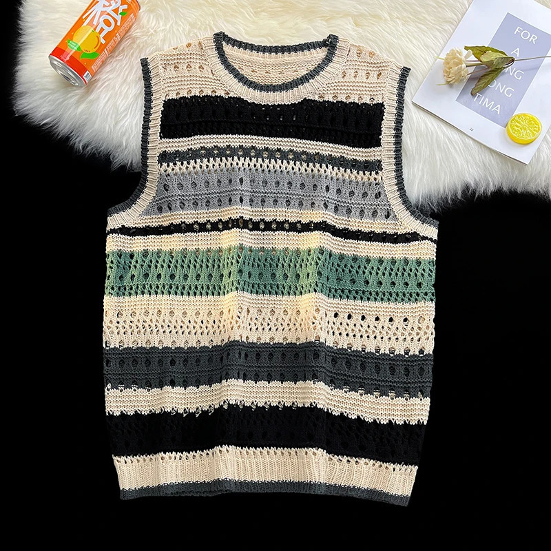 Unisex Summer Sweater Vest Men Retro Striped American Sexy Males Sleeveless Hollow Out Knitwear Harajuku Y2k 250210