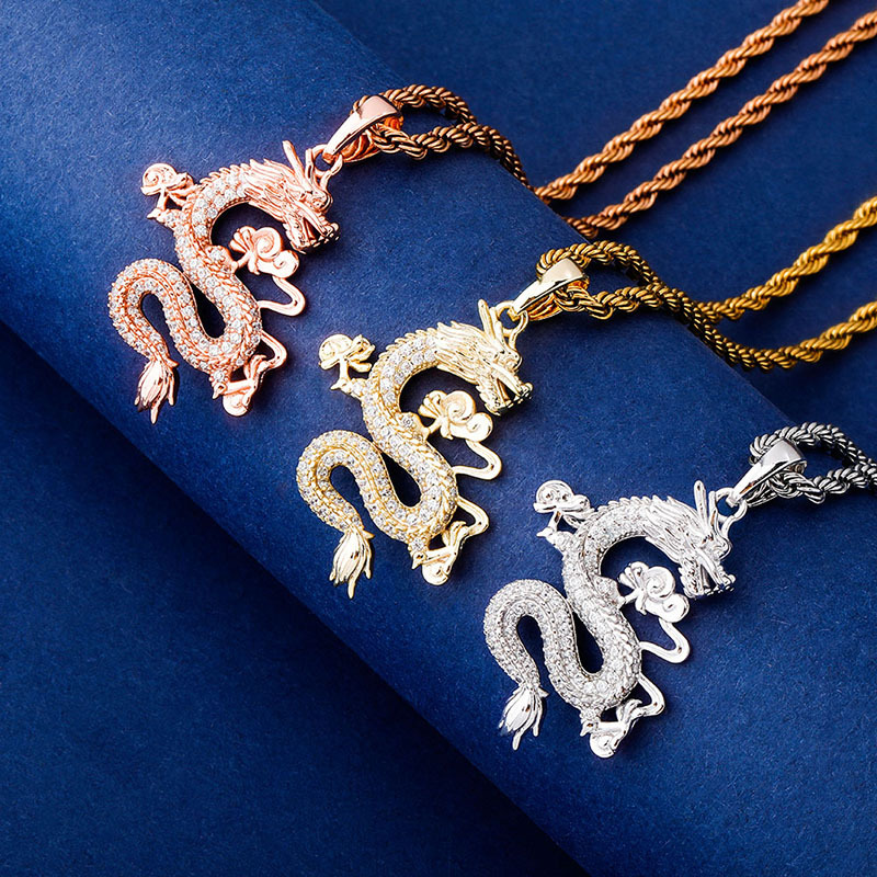 Hip Hop Chinese Dragon Pendant Necklace 14K Real Gold Plated TopBling White Zircon Men Women Jewelry