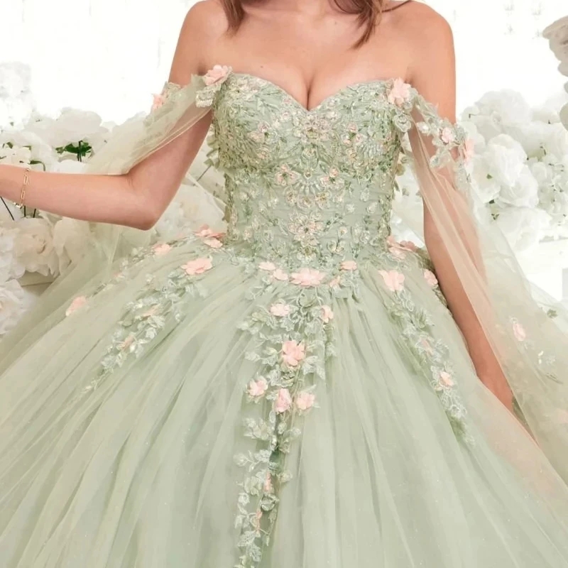 Sage Princess Shiny Ball Gown Quinceanera Dress 3D Flowers Applique Lace Tull With Cape Sweet 16 Dress Vestido De 15 Anos