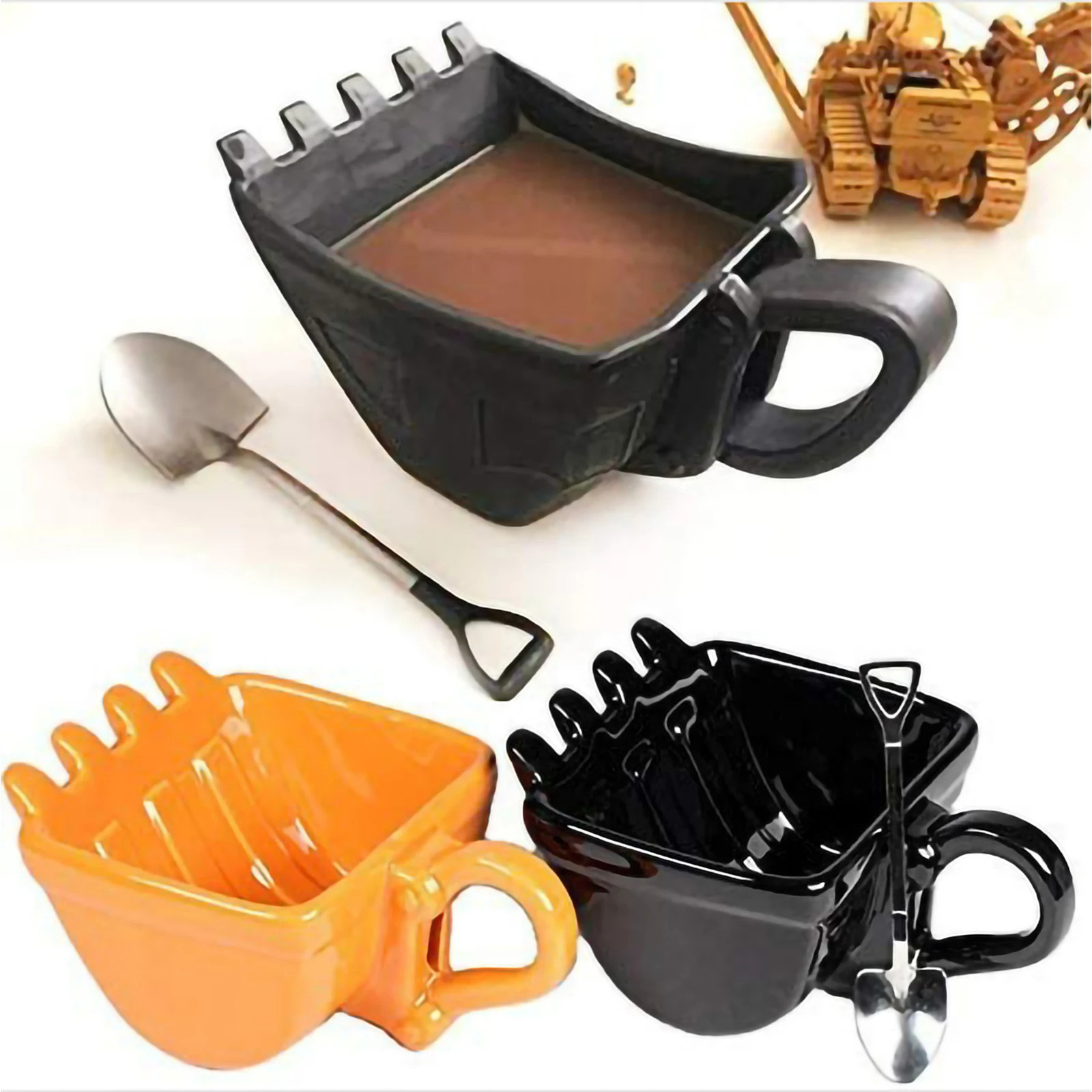 3D Yellow Excavator Bucket Model Cafe Coffee Mug With Spade Shovel Spoon Funny Digger Ashtray Cake Container Tea Cup OrangeBlack 240523