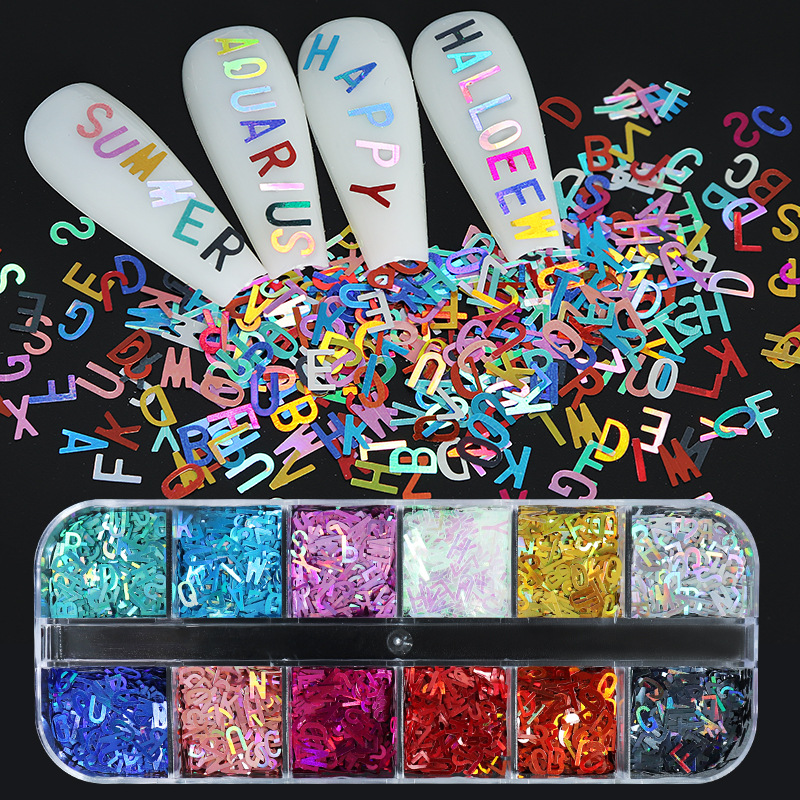 NAR051 3D Holographic Nail Art Decorations for DIY Crystal UV Epoxy Resin Mold Fillings Sparkle English Letters Glitter Sequins sticker
