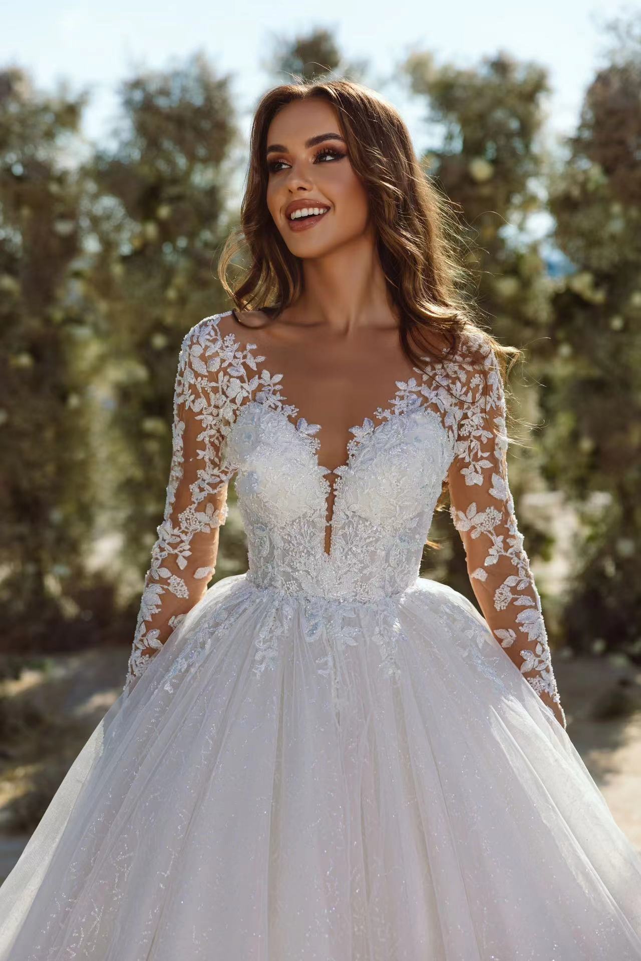 2024 New A-line Wedding Dress Illusion Neck Long Sleeves Flower Lace Appliques Women Bride Gown Wedding Dresses Vestido De Noiva Customed