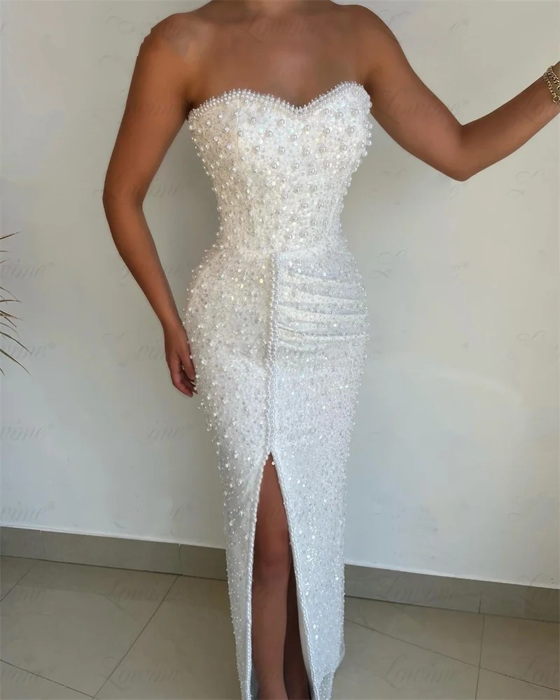 White Sheath Prom Formal Dresses 2025 Heavy Beaded Pealrs or Length Silt Evening Birthday Dress Party Gowns Robe De Soriee Customed