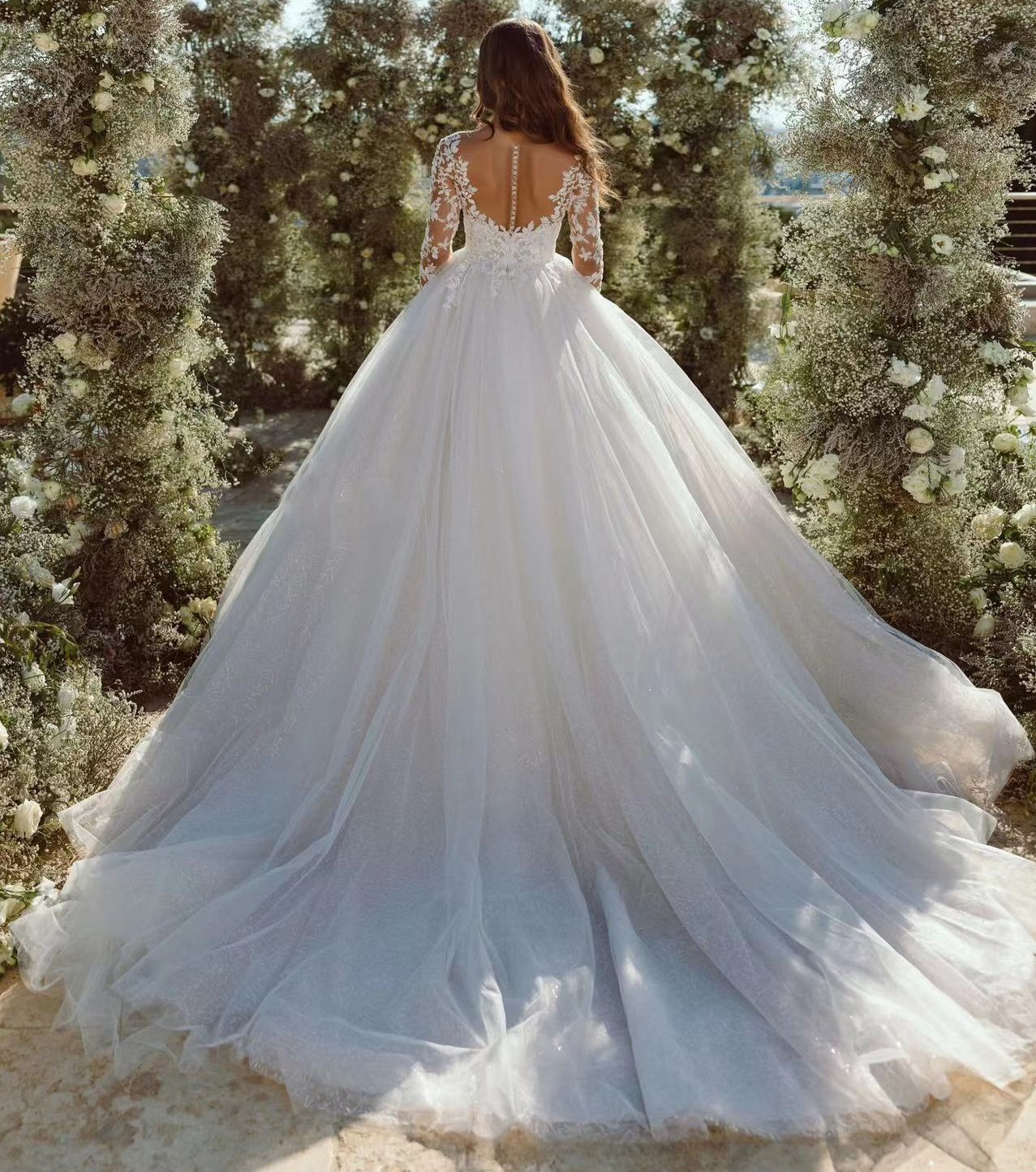 2024 New A-line Wedding Dress Illusion Neck Long Sleeves Flower Lace Appliques Women Bride Gown Wedding Dresses Vestido De Noiva Customed