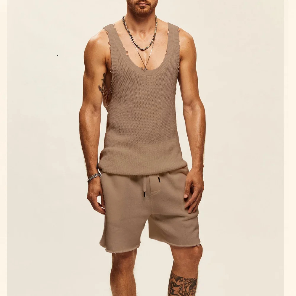 Mens Suit Twopiece Sets Knitted Sleeveless Tank Top Shorts Casual Sports Fashion Streetwear Tracksuit 240518