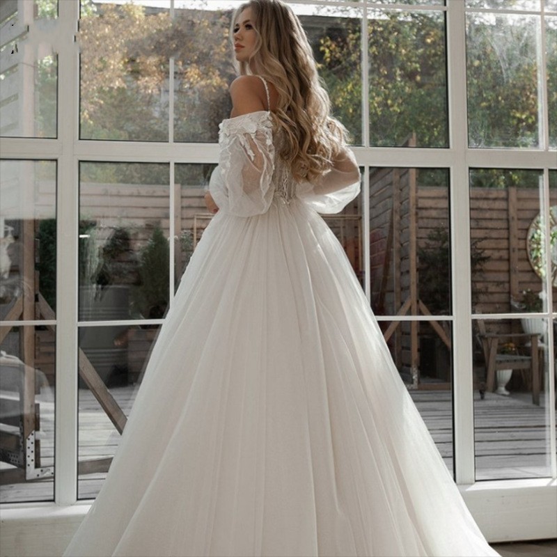 Princess Wedding Dresses 2024 Women Off the Shoulder Puffy Sleeves Flower Lace Appliques Boho Bridal Bride Gowns Vestido De Novia Customed