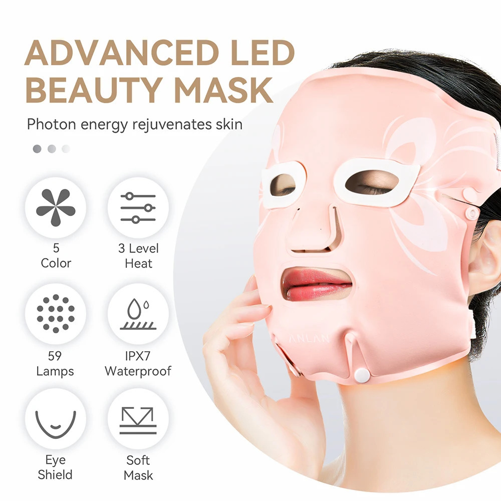 ANLAN Facial LED Mask 5 Colors Light Therapy Waterproof Compress Rejuvenation Brighten Skin Foldable Soft LED Light Spa Mask 240515