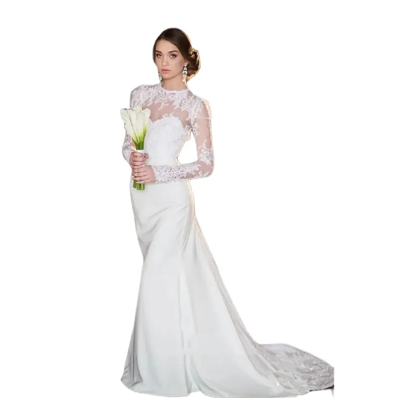 Mermaid Romantic Long Sleeves Wedding Dress Sexy Backless Ivory Satin and Lace Bridal Gowns Appliues Court Train Beach Bride Dresses Open Back